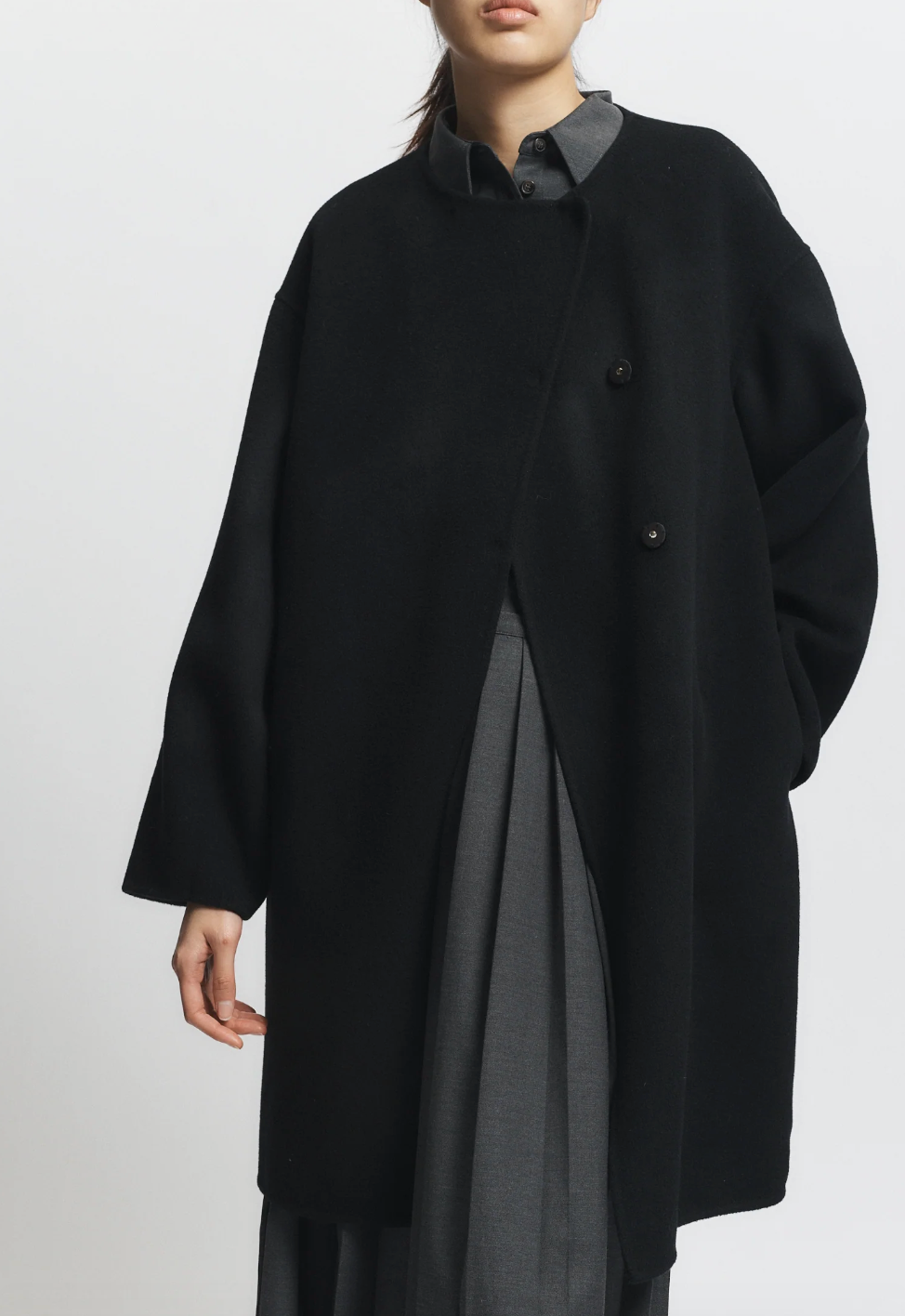 Person wearing Person wearing Saint Art womens Orla Wool Scarf Coat black