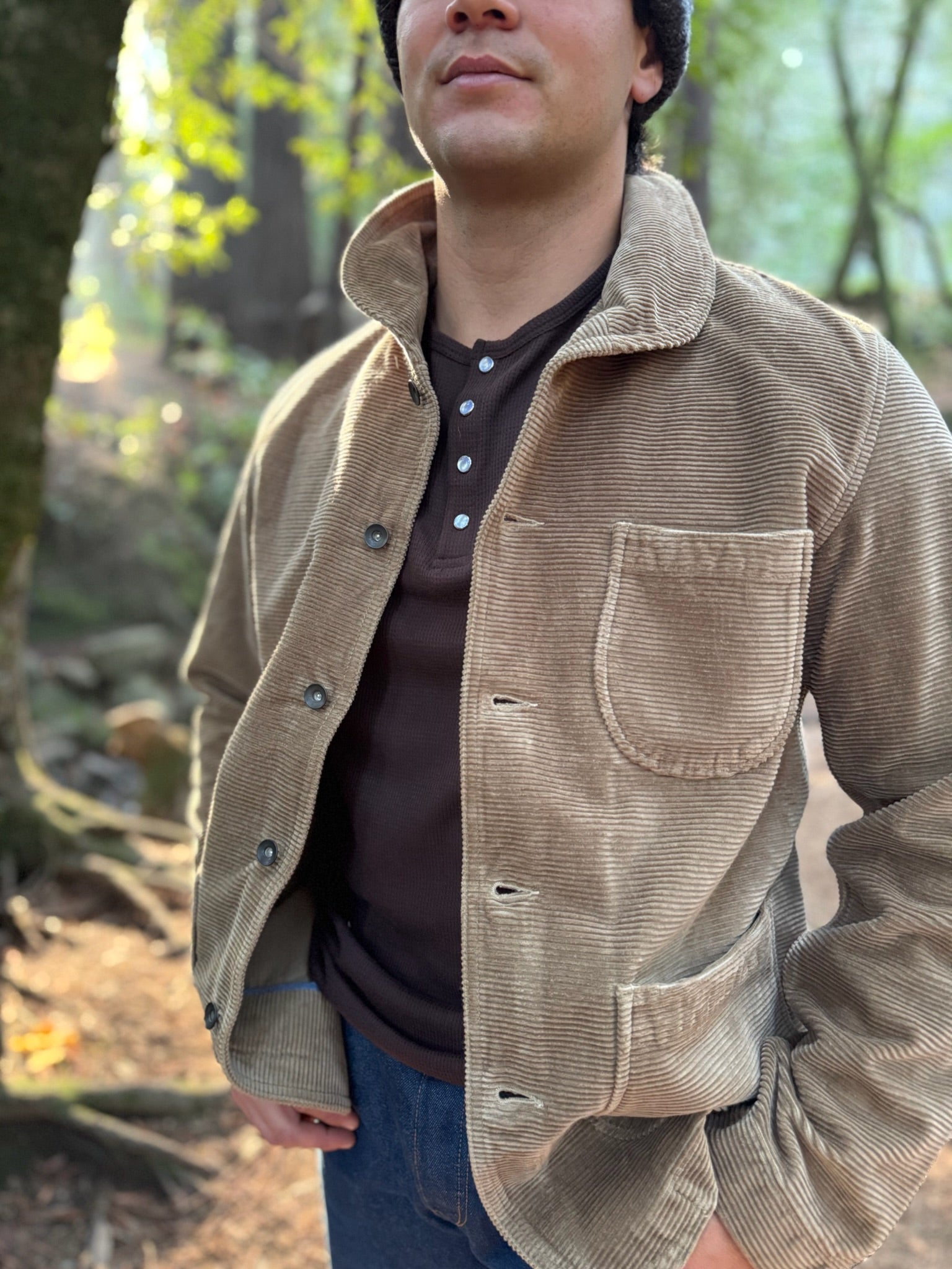 Person wearing Person wearing Shawl Collar Corduroy Chore Jacket in Taupe
