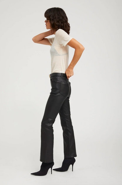 Person wearing SPRWMN 5 Pocket Ankle Flare Pants Black Leather