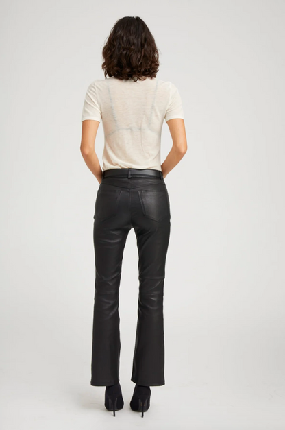 Person wearing SPRWMN 5 Pocket Ankle Flare Pants Black Leather