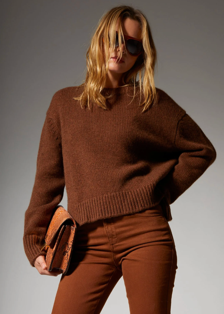 Person wearing SPRWMN Cashmere Crewneck Sweater Mace Brown