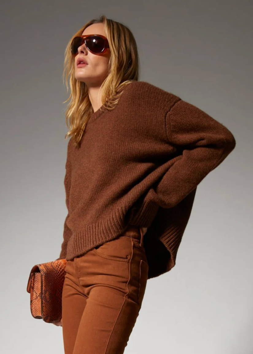 Person wearing SPRWMN Cashmere Crewneck Sweater Mace Brown