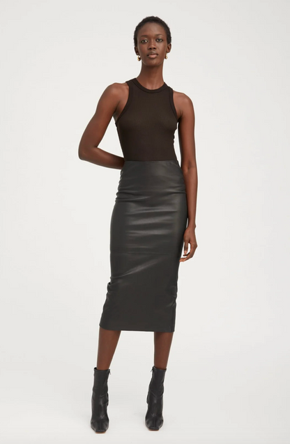 Person wearing SPRWMN Leather Tube Skirt in Black