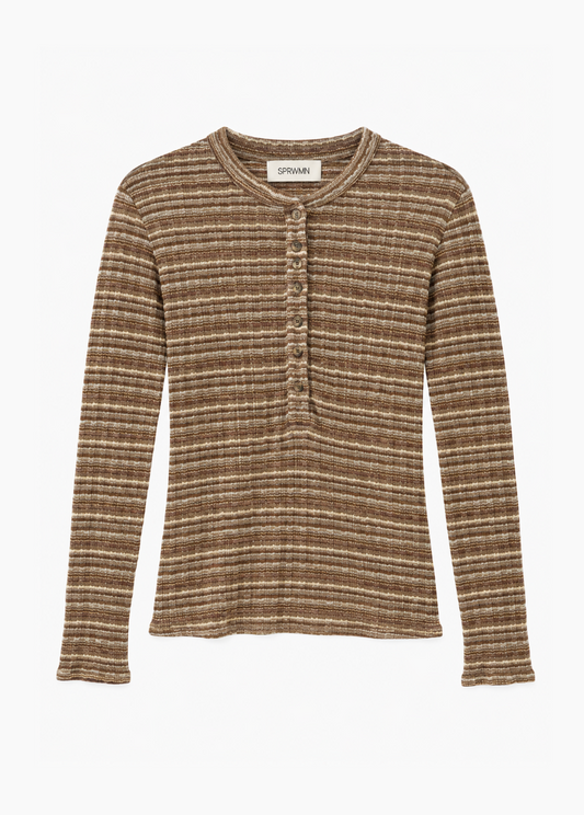 SPRWMN Long Sleeve Henley in Vintage Brown Pointelle Knit