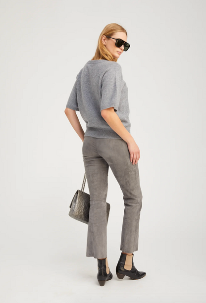 Person wearing SPRWMN womens Short Sleeve Raglan Cashmere Sweater tee gray