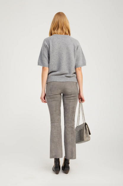 Person wearing SPRWMN womens Short Sleeve Raglan Cashmere Sweater tee gray