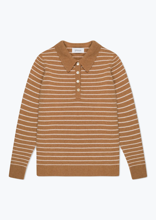 SPRWMN womens Striped Cashmere Polo Sweater camel white stripe