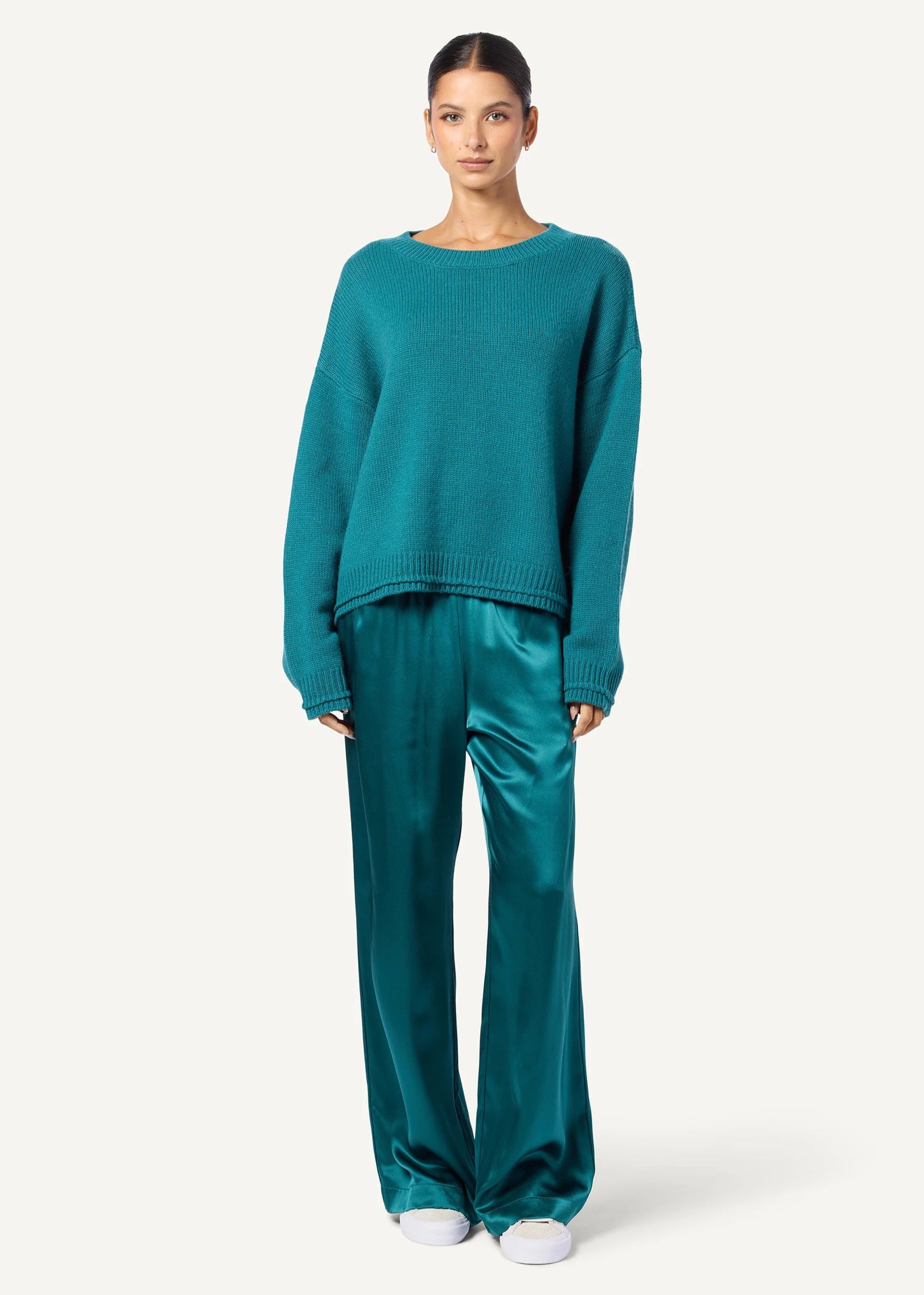 Person wearing Sablyn Brynn Wide Leg Silk Pant in Marine Teal