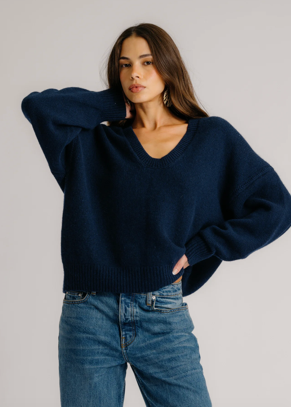 Person wearing Sablyn Cora Cashmere Scoop Neck Sweater in Midnight Navy