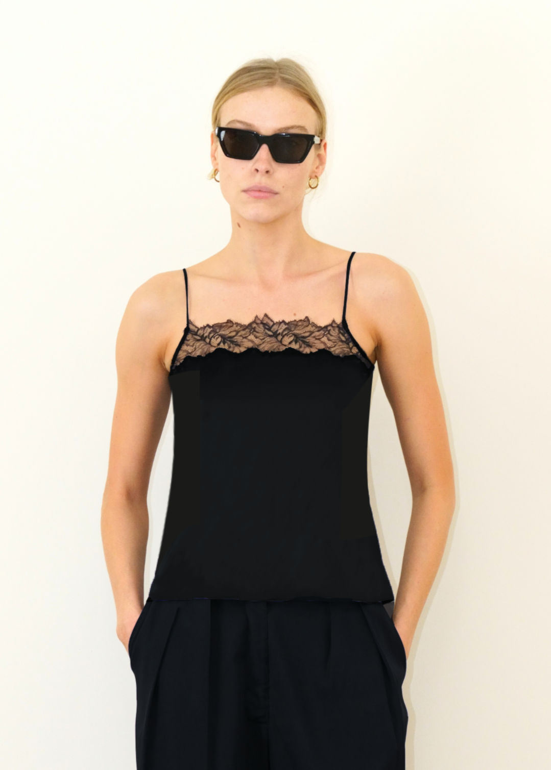 Person wearing Sablyn Haya Lace Trim Square Neck Silk Cami in Black