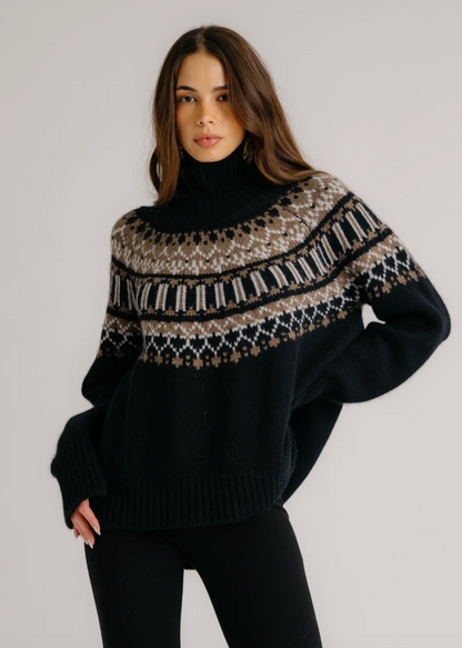 Person wearing Sablyn Scottie Slouchy Fairisle Cashmere Mock Neck Sweater