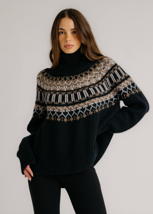 Person wearing Sablyn Scottie Slouchy Fairisle Cashmere Mock Neck Sweater
