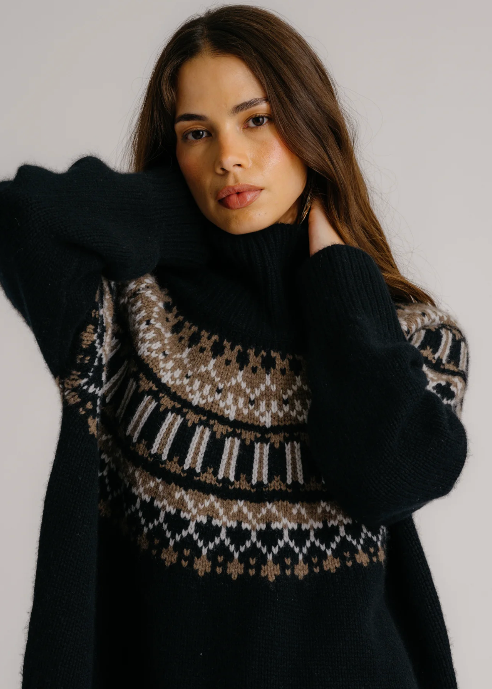 Person wearing Sablyn Scottie Slouchy Fairisle Cashmere Mock Neck Sweater