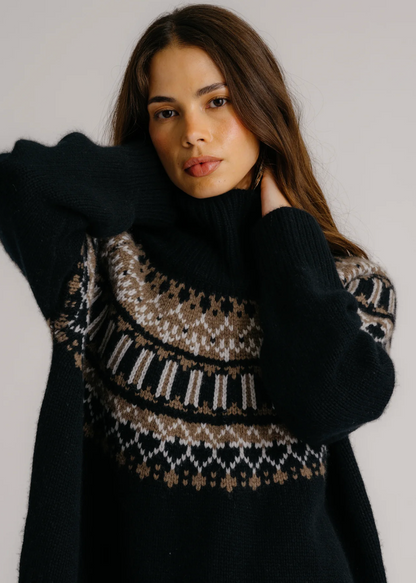 Person wearing Sablyn Scottie Slouchy Fairisle Cashmere Mock Neck Sweater