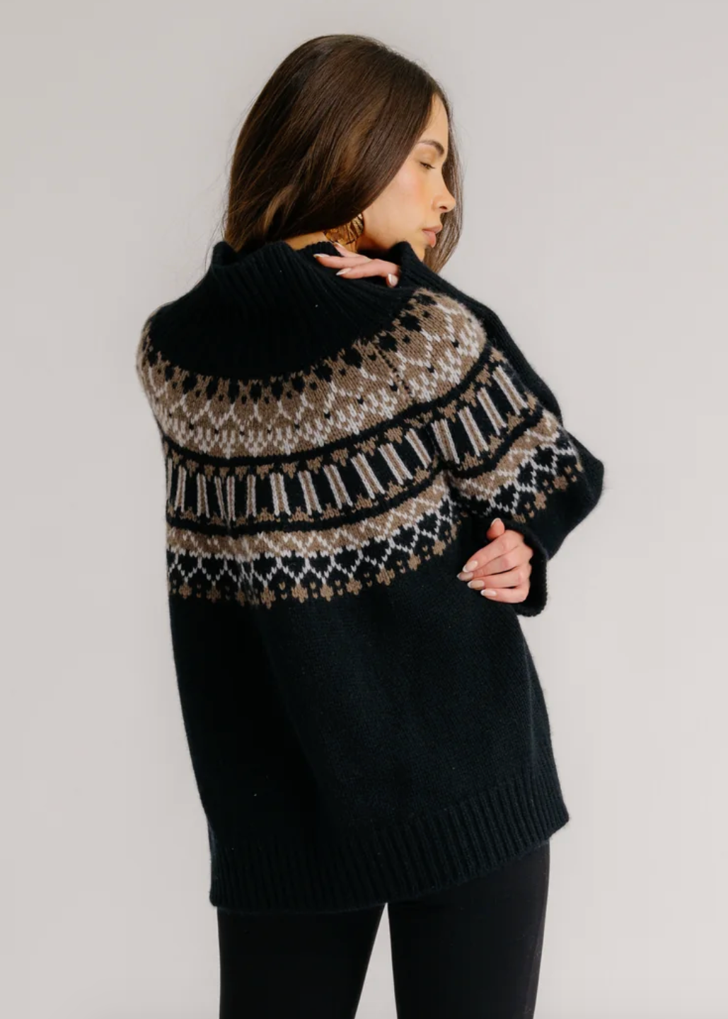 Person wearing Sablyn Scottie Slouchy Fairisle Cashmere Mock Neck Sweater