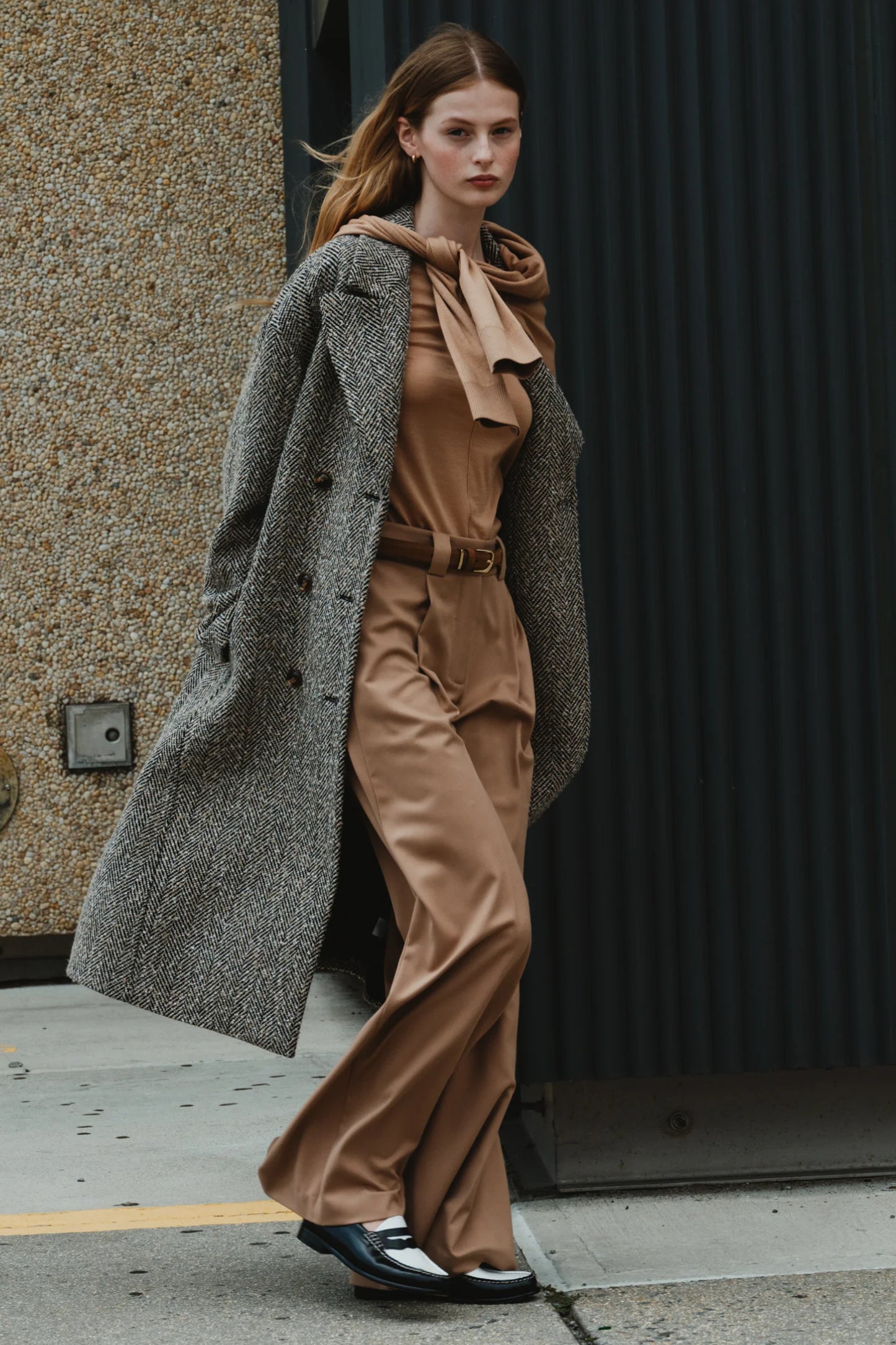 Person wearing Saint Art Dayana Herringbone Coat