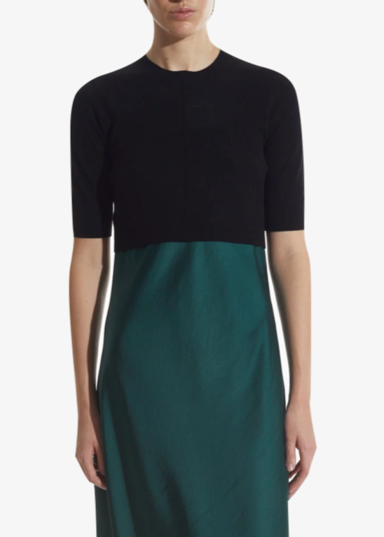 Person wearing Saint Art Norah Short Sleeve Cropped Sweater Black