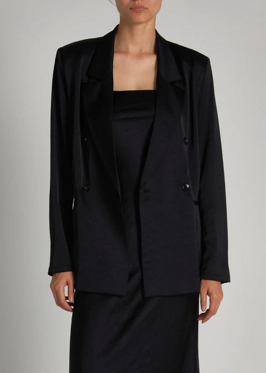 Person wearing Saint Art womens Adalee Charmeuse Blazer in Black