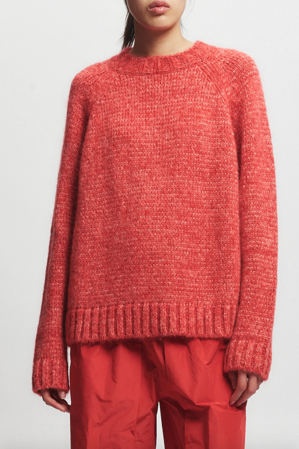 Person wearing Saint Art womens Aurora Sweater mohair grenaine red