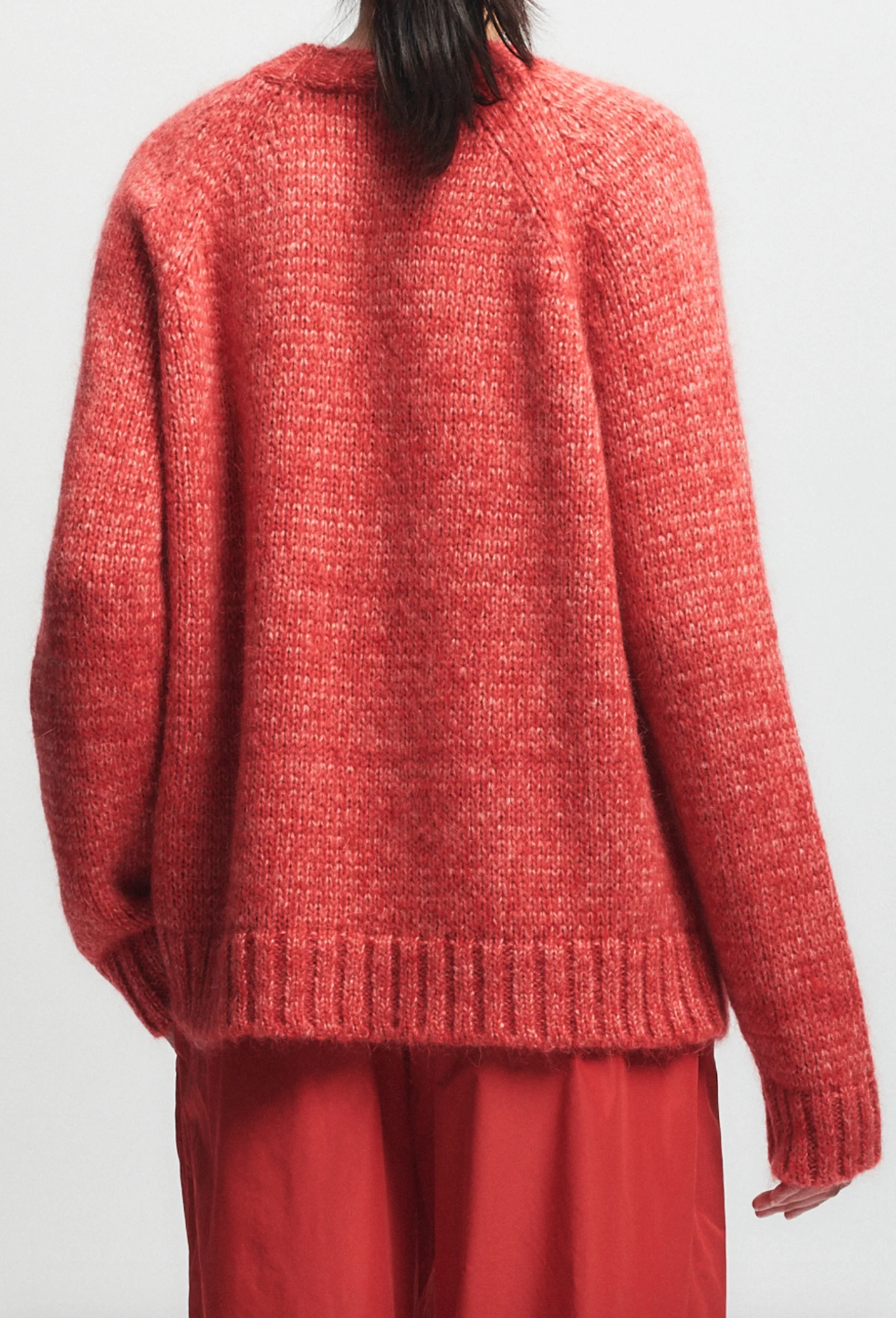 Person wearing Saint Art womens Aurora Sweater mohair grenaine red