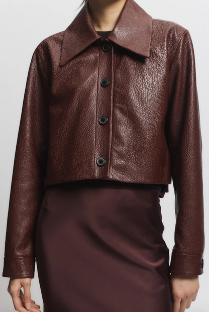 Person wearing Saint Art womens Lomand Crinkle Leather Jacket in Burgundy