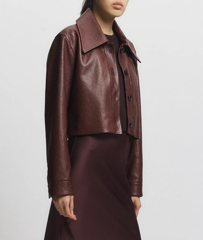 Person wearing Saint Art womens Lomand Crinkle Leather Jacket in Burgundy