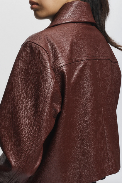 Person wearing Saint Art womens Lomand Crinkle Leather Jacket in Burgundy