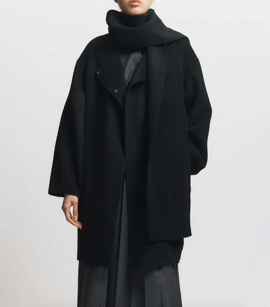 Person wearing Saint Art womens Orla Wool Scarf Coat black