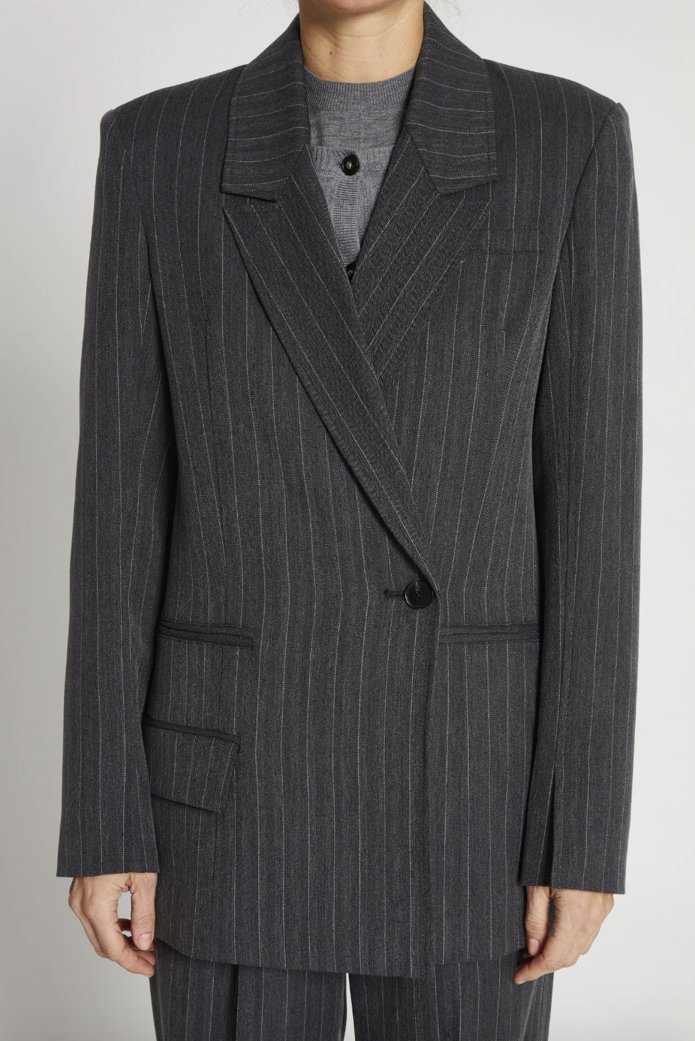 Person wearing Saint Art womens Oxford Pinstripe Blazer Grey