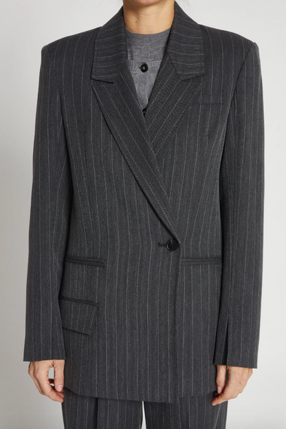 Person wearing Saint Art womens Oxford Pinstripe Blazer Grey