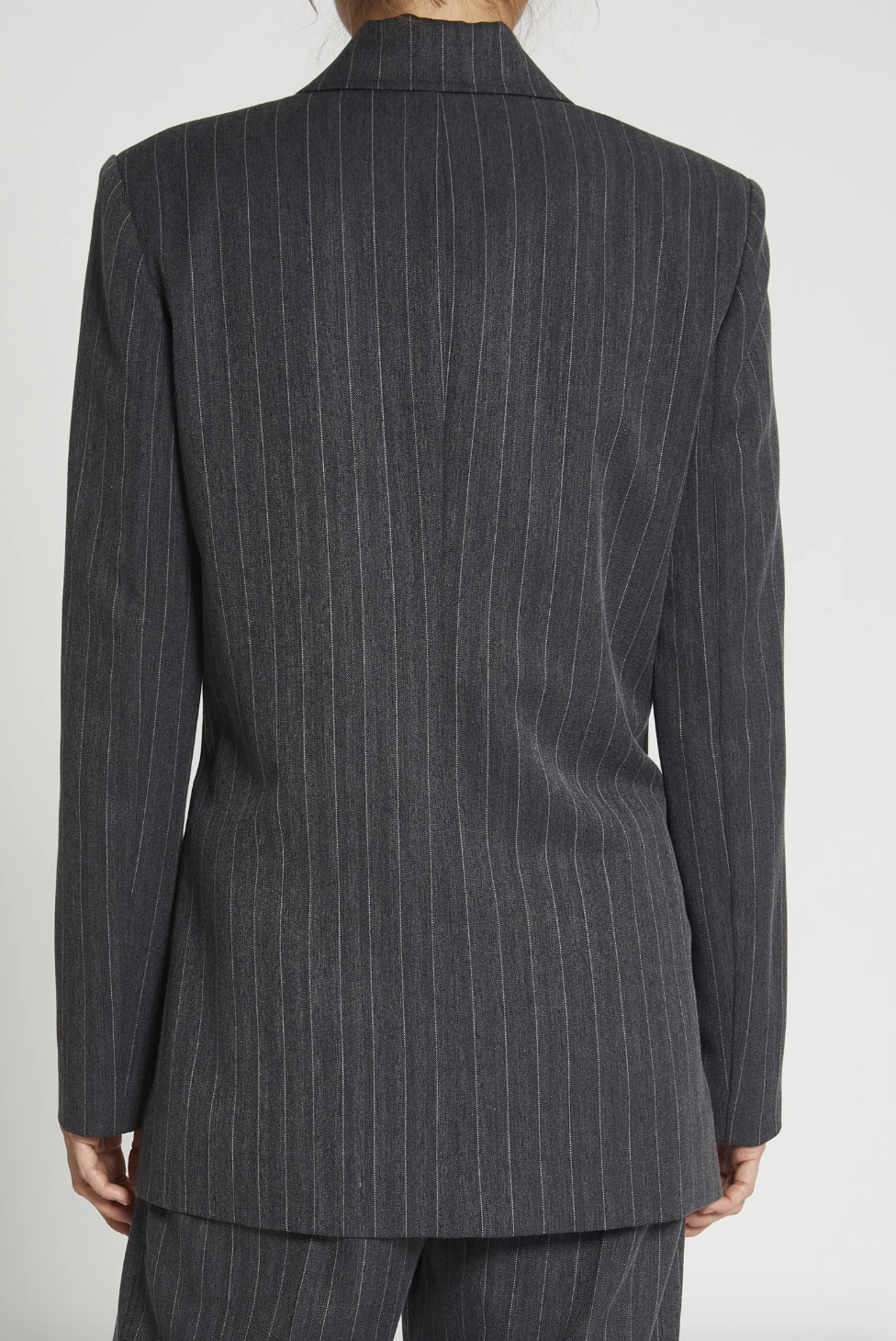 Person wearing Saint Art womens Oxford Pinstripe Blazer Grey