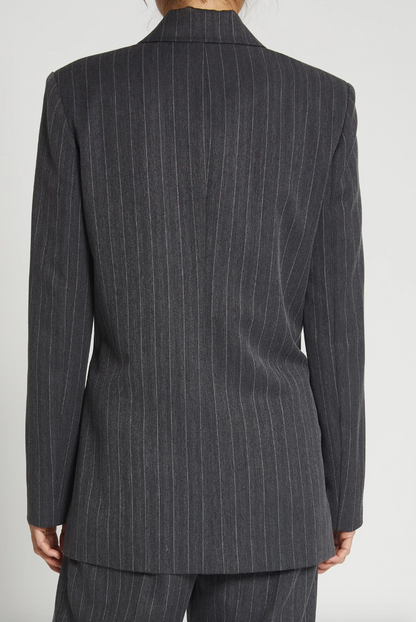 Person wearing Saint Art womens Oxford Pinstripe Blazer Grey