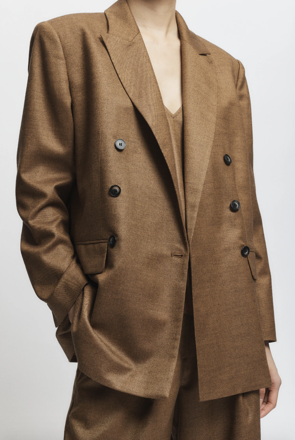 Person wearing Saint Art womens Sullivan Double-Breasted Blazer Clove Tan