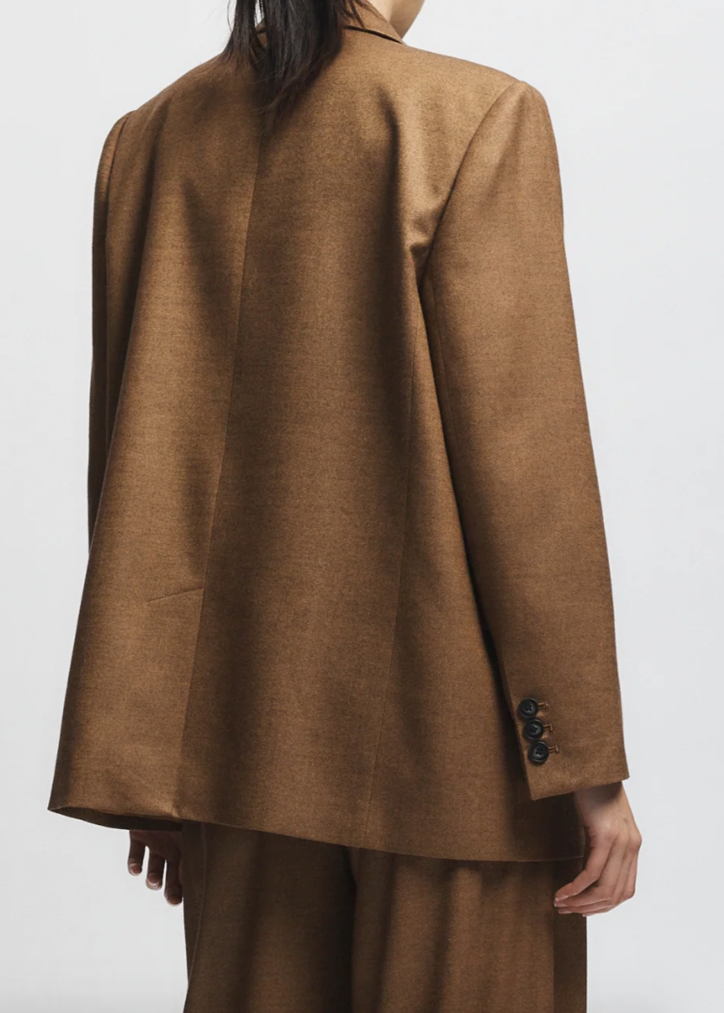 Person wearing Saint Art womens Sullivan Double-Breasted Blazer Clove Tan