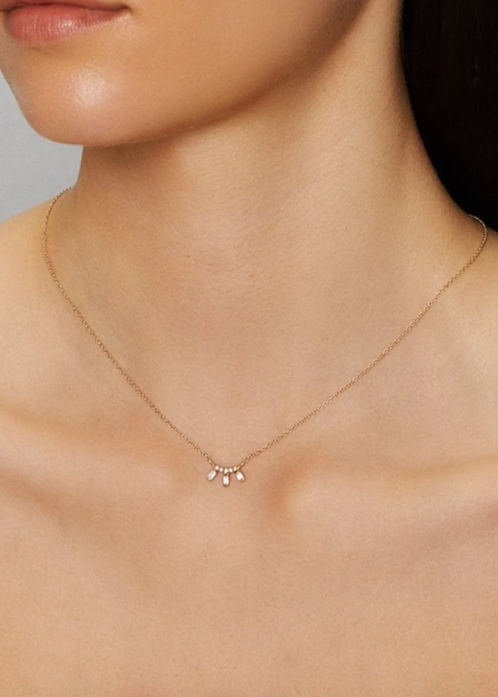 Person wearing Scosha fine jewelry 14k yellow gold Ariel-1 Diamond Moonbeam Necklace
