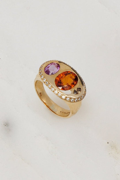 Scosha fine jewelry 14k yellow gold Nandi Ring with Orange Garnet and Tourmaline