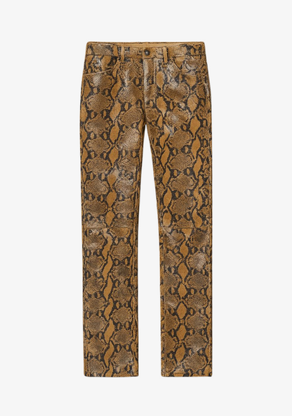5 Pocket Slim Straight Leather Pants in Tan Python
