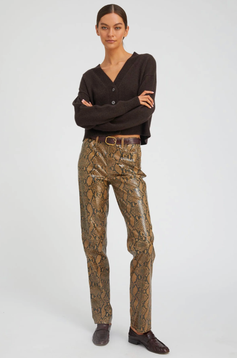 5 Pocket Slim Straight Leather Pants in Tan Python