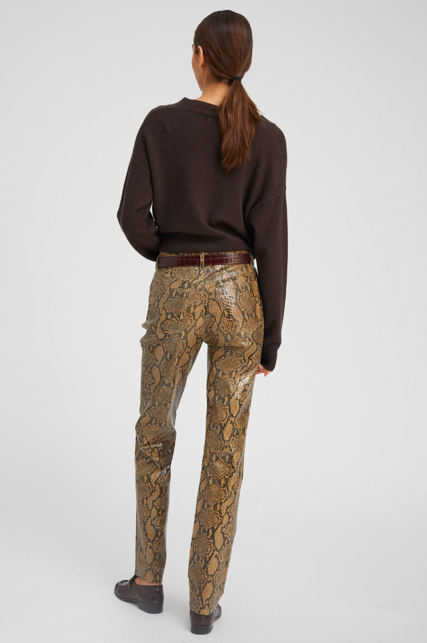 5 Pocket Slim Straight Leather Pants in Tan Python