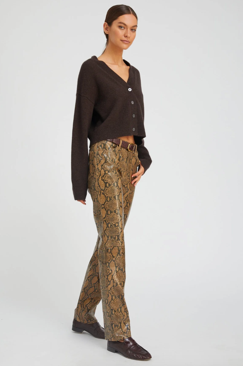 5 Pocket Slim Straight Leather Pants in Tan Python