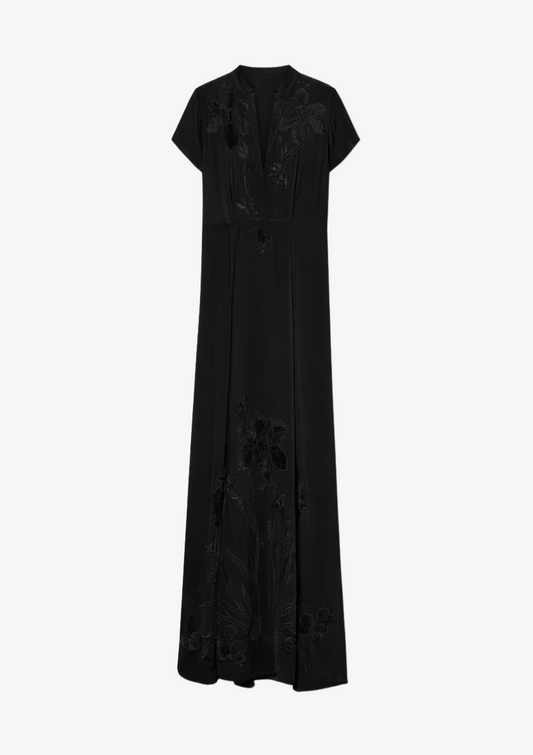Crêpe de Chine Dress with Iris Velvet Embroidery
