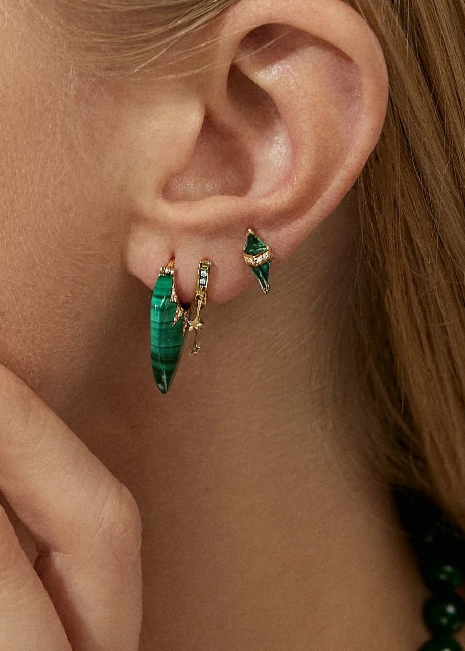 Person wearing Sorellina Fine Jewelry 18k yellow gold diamond Piccoli Pavé Guitar Pick Earrings with Malachite