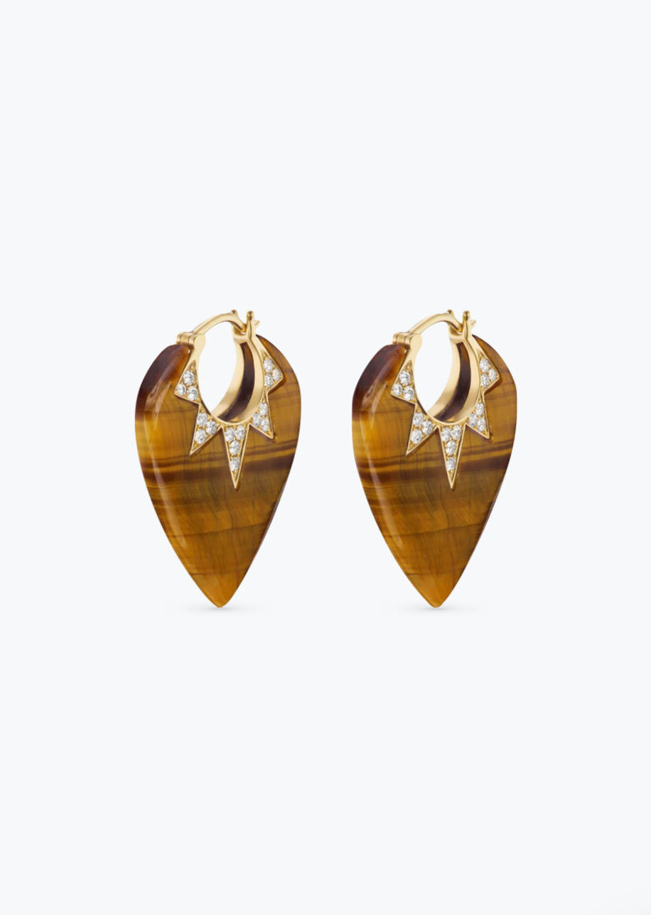 Sorellina fine jewelry 18k yellow gold Classic Guitar Pick Earrings with Tiger's Eye and diamonds