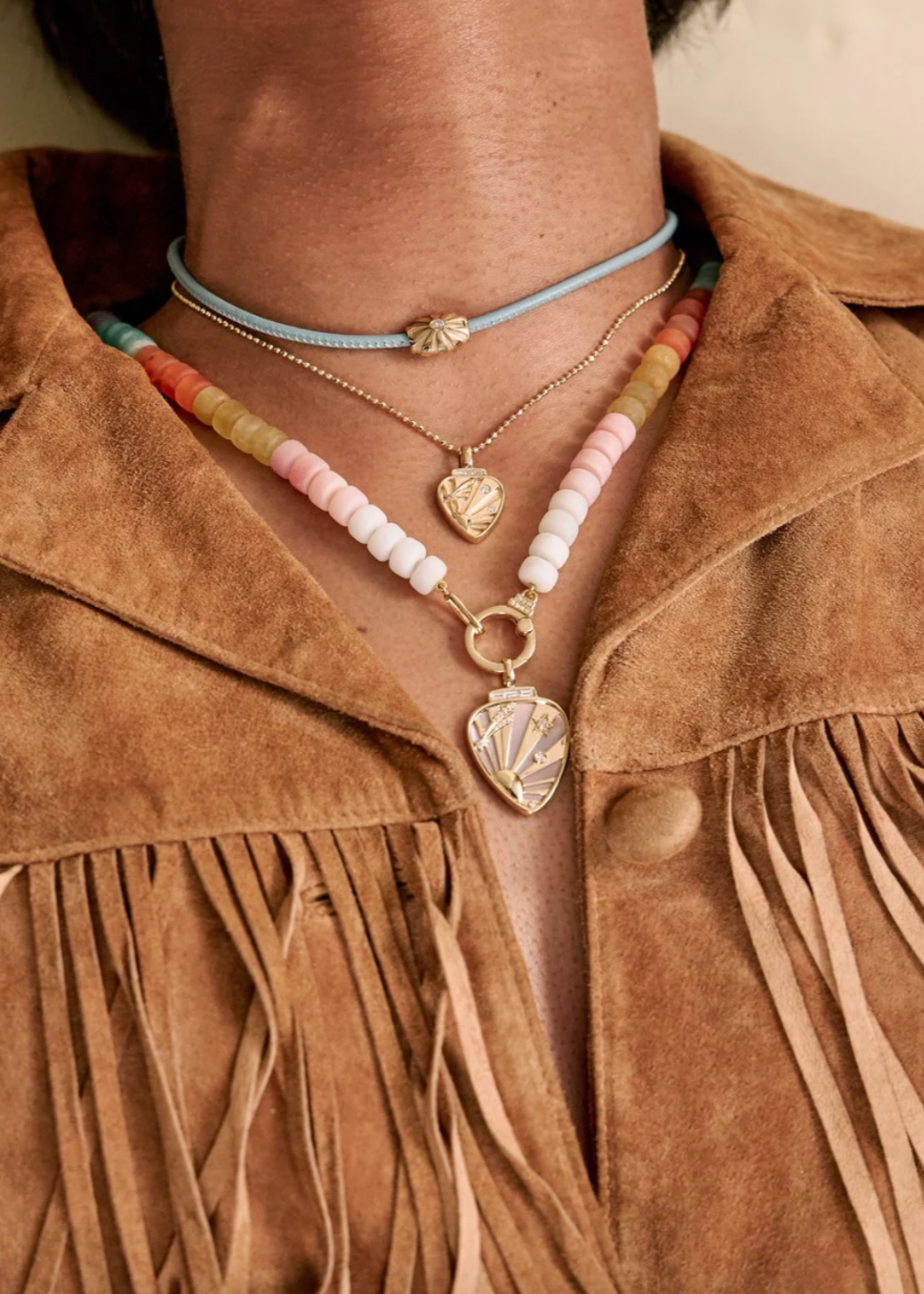 Person wearing Sorellina fine jewelry 18k yellow gold diamond Electric Dreams Beaded Necklace mixed gemstones