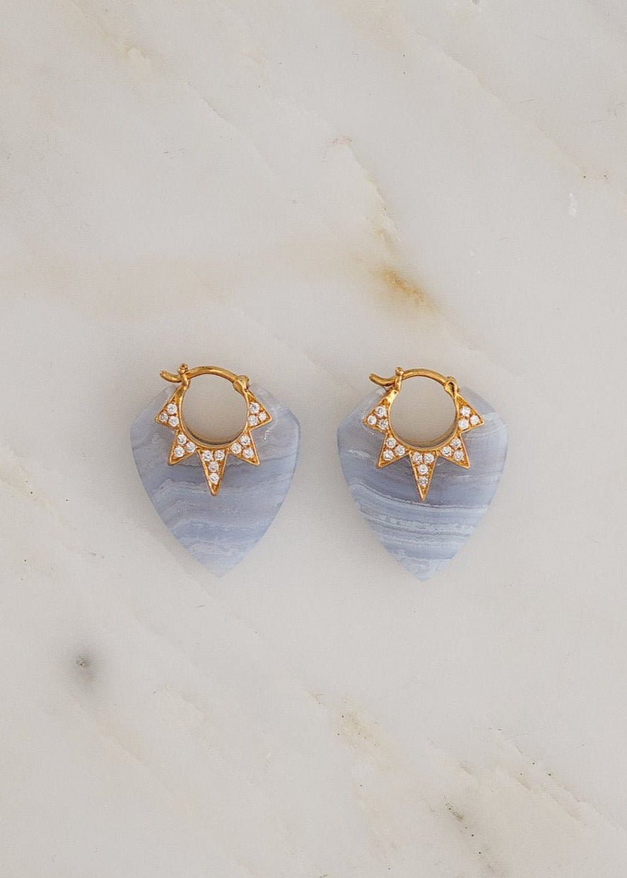 Sorellina fine jewelry 18k yellow gold diamond Piccoli Pavé Guitar Pick Earrings with Blue Lace Agate