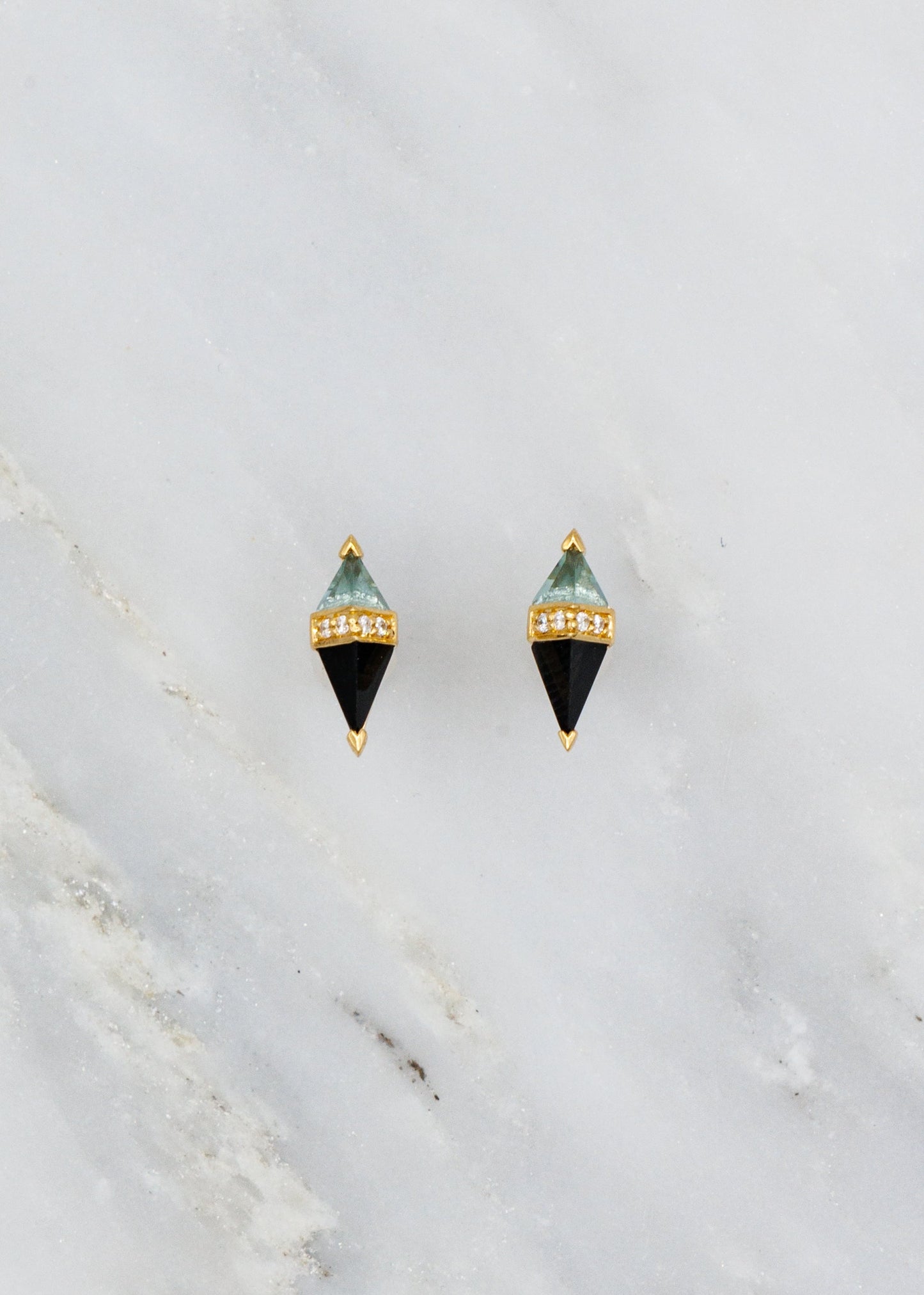Sorellina fine jewelry 18k yellow gold diamond Pietra Studs with Onyx and Green Quartz