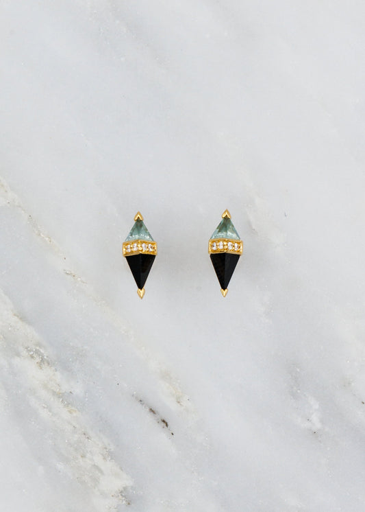 Sorellina fine jewelry 18k yellow gold diamond Pietra Studs with Onyx and Green Quartz