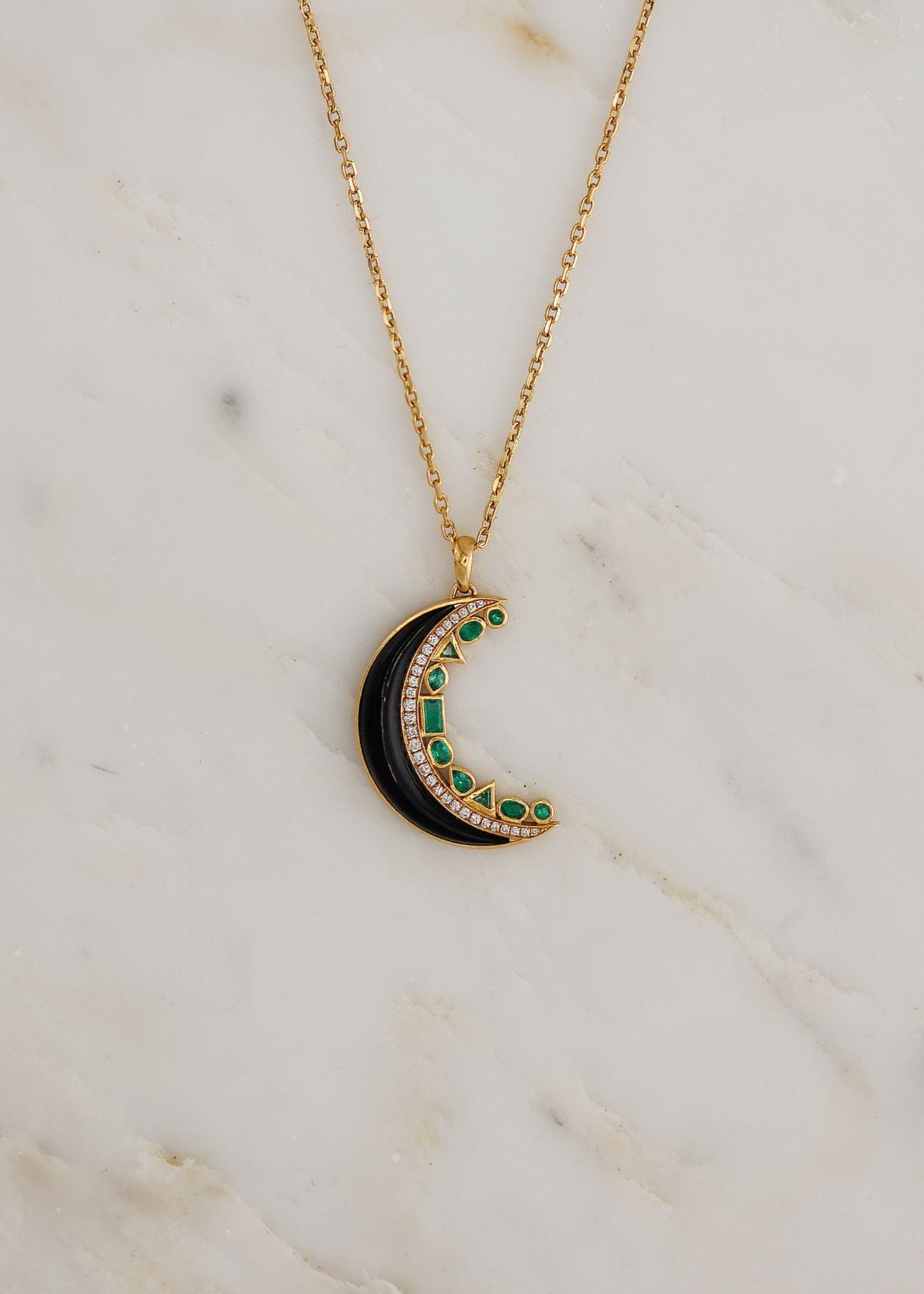 Sorellina fine jewelry 18k yellow gold diamond emerald Crescent Moon Inlay Pendant Necklace with Onyx