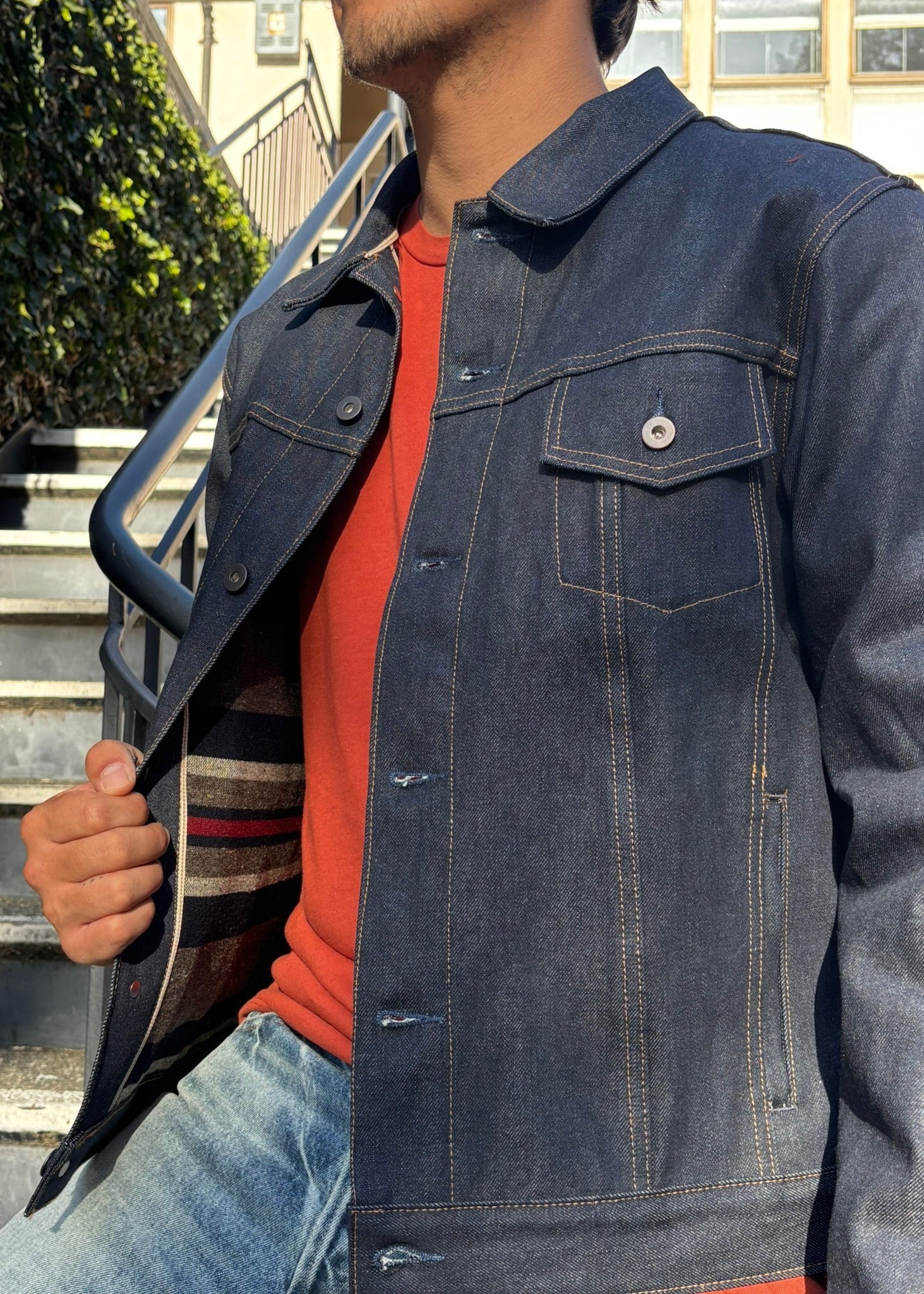 Person wearing Tellason mens Blanket Lined Jean Jacket