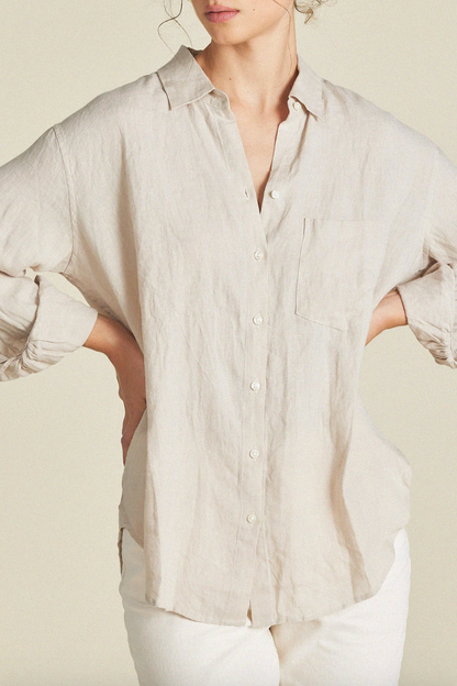 person wearing Trovata womens Blake Linen Boyfriend Shirt Flax